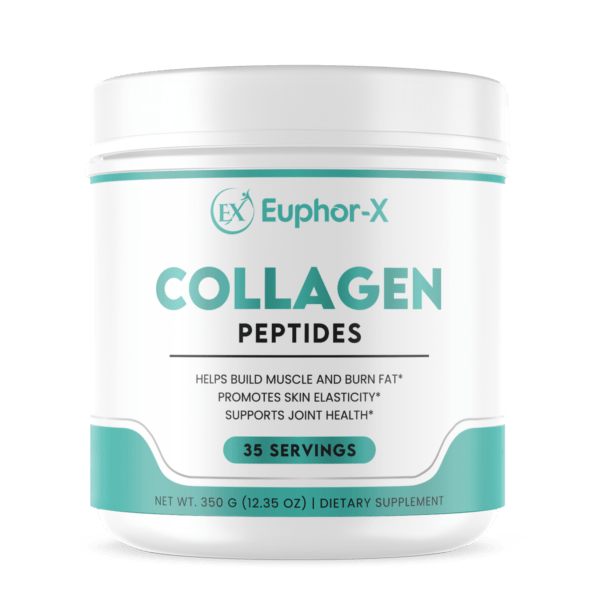 A scoop of Natural Collagen Peptides powder surrounded by fresh fruits and a glass of smoothie, showcasing its use as a nutritious supplement for enhancing skin health, joint comfort, and overall wellness.