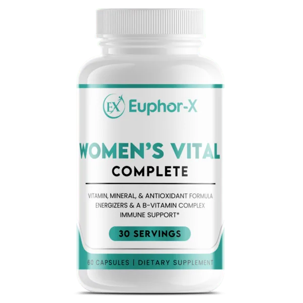 Women's Vital Complete supplement bottle showcasing premium ingredients for enhanced immune, hormonal, and digestive health.