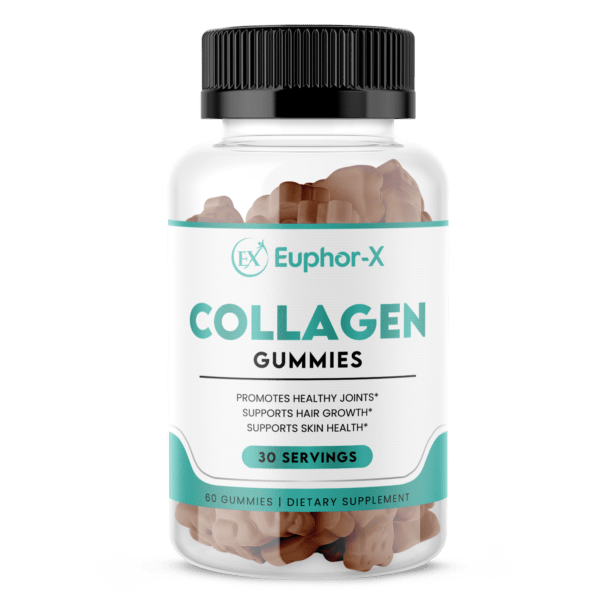 "Collagen Gummies in a clear jar, showcasing their vibrant colors and chewy texture, designed to support skin elasticity, joint comfort, and overall wellness."