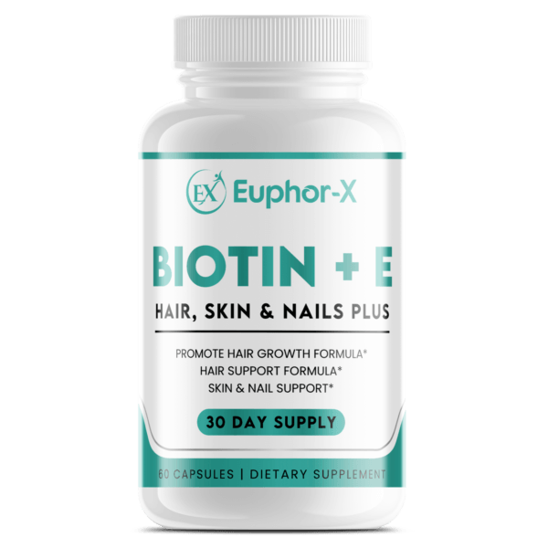 Biotin + E supplement bottle featuring a vibrant label highlighting its benefits for energy boost, hair growth, skin health, and nail strength, perfect for enhancing overall wellness.