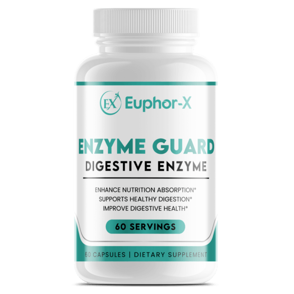 EnzymeGuard Natural Digestive Supplement bottle with a background of fresh fruits and vegetables, promoting optimal digestion and immune health.