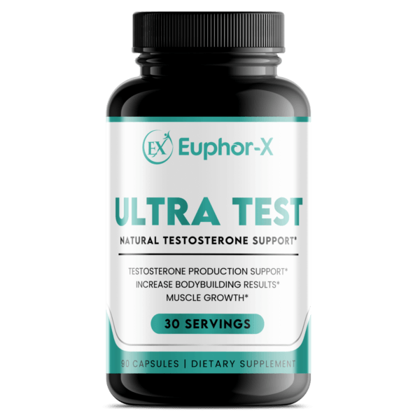 UltraTest Pro-Strength Natural Testosterone Enhancer bottle showcasing premium ingredients, designed to boost testosterone levels, enhance muscle growth, and improve overall vitality for optimal health and performance.