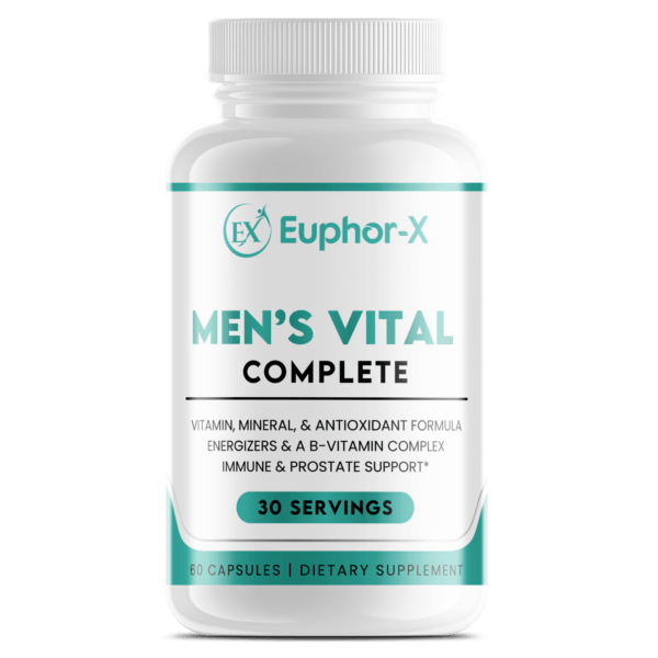 Men’s Essential Multivitamin – Men’s Vital Complete daily supplement bottle showcasing premium multivitamin formula for energy, immune support, heart health, and overall wellness.