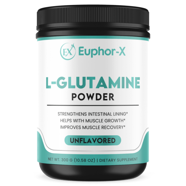 L-Glutamine supplement bottle with a clean label, showcasing its benefits for faster recovery, muscle support, and gut health. Perfect for athletes seeking optimal performance and vitality.