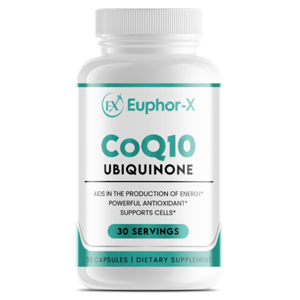 CoQ10 supplement bottle with capsules, promoting cardiovascular health, energy production, and antioxidant support for a healthier lifestyle.