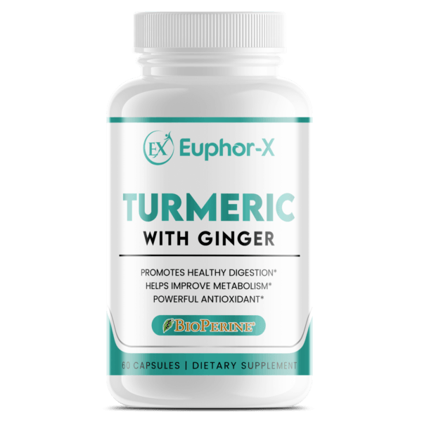 Organic Turmeric and Ginger supplement bottle promoting natural pain relief, joint health, and cardiovascular support with anti-inflammatory and antioxidant properties.