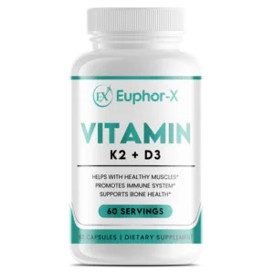 Vitamin K2 + D3 supplement bottle featuring high-quality ingredients to support bone health, immune function, and overall wellness.