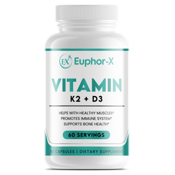 Vitamin K2 + D3 supplement bottle featuring high-quality ingredients to support bone health, immune function, and overall wellness.