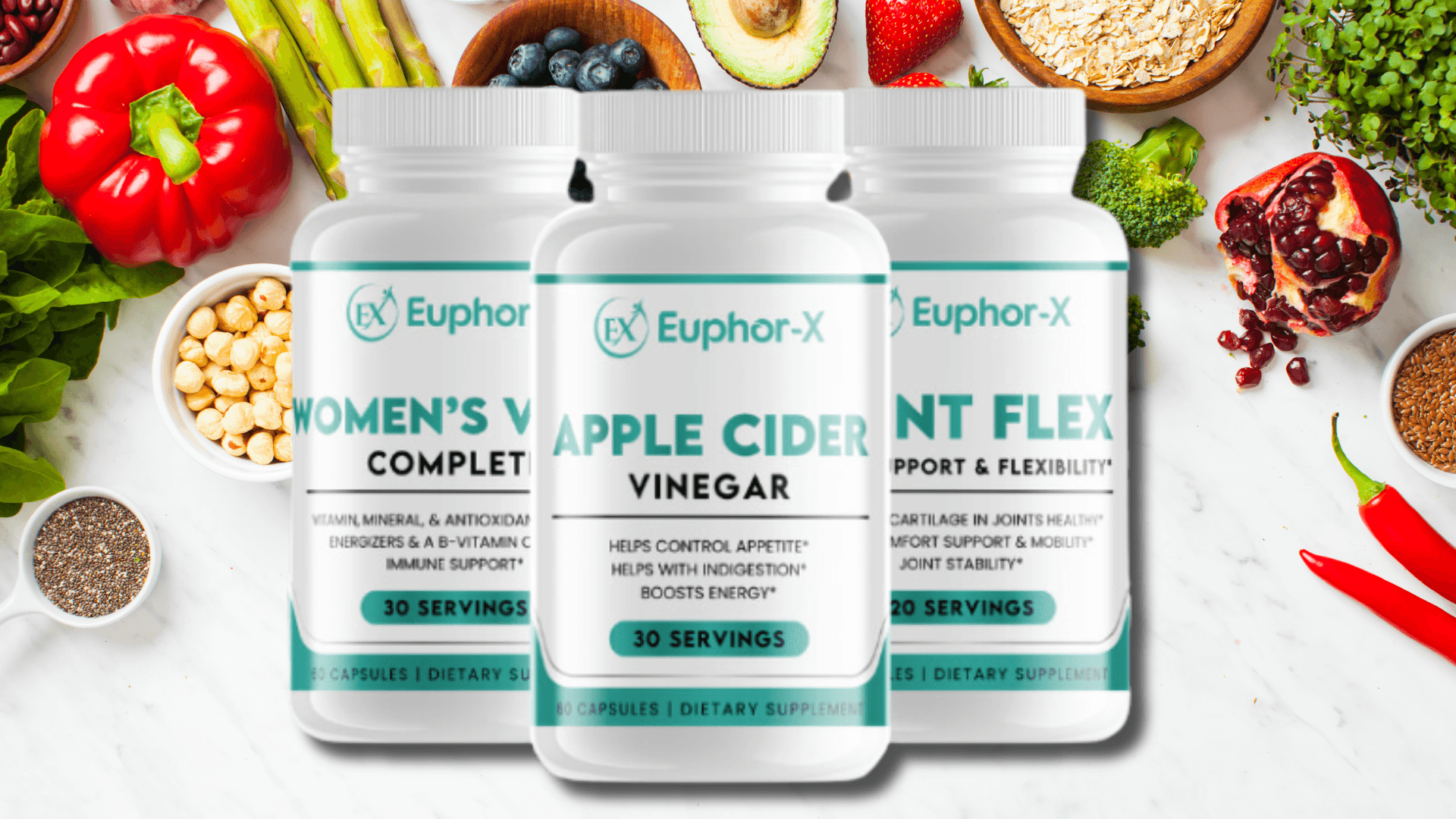 About Euphor-X: A lineup of medical-grade supplement bottles, showcasing our commitment to quality and evidence-based wellness solutions for health-conscious individuals.